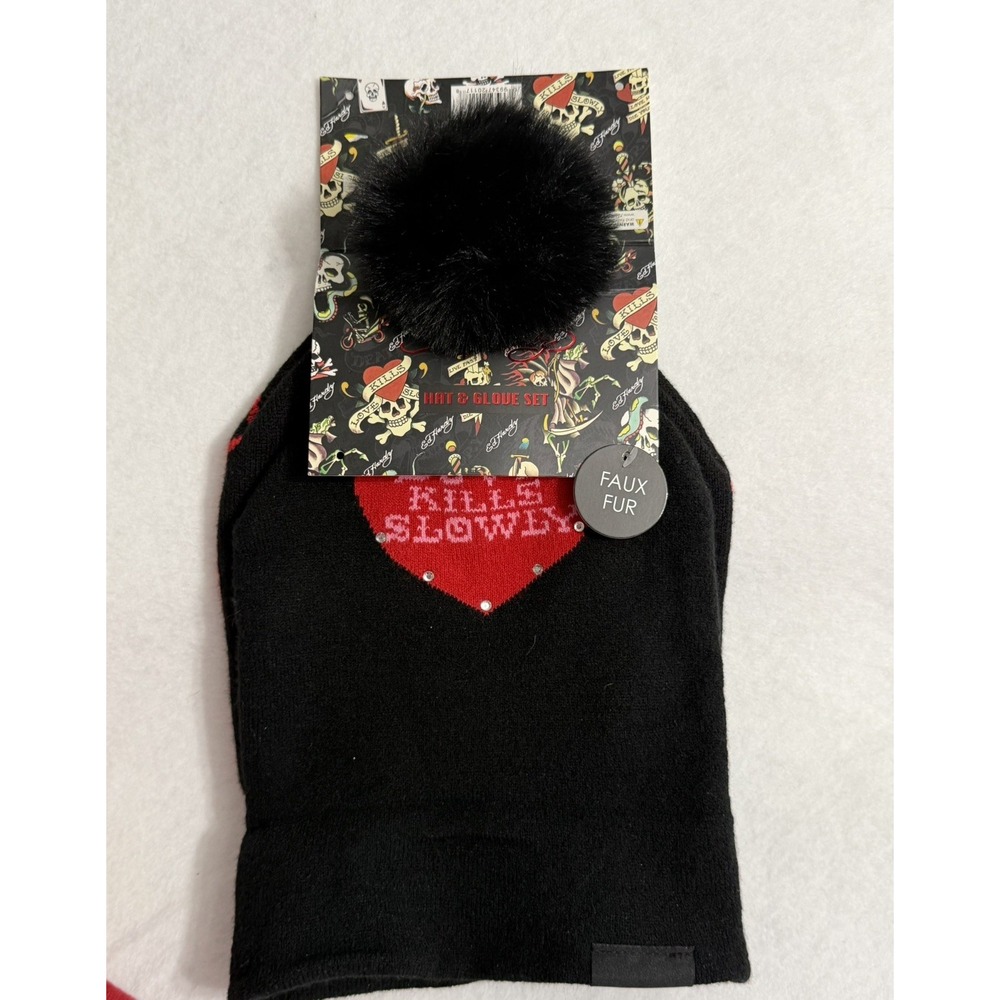 Ed Hardy Women's Black Red Faux Fur Pom Embellished Beanies Set Of 2 NWT